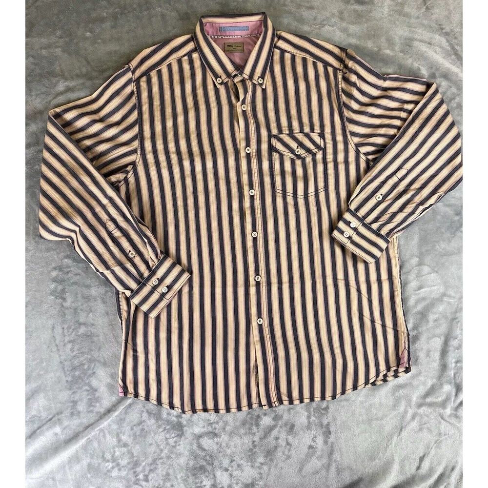 Tommy Bahama Mens Button Down Shirt Large Long Sleeve Striped Blue Pink & Orange